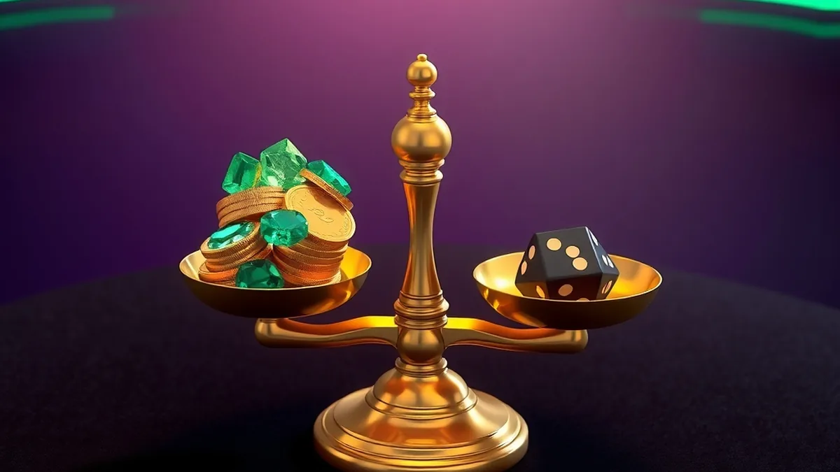 Balance dorée pesant gemmes et jetons, symbole des avantages et inconvénients