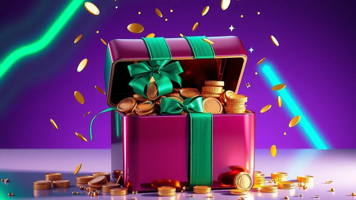 Coffret cadeau ouvert rempli de pièces et jetons, bonus de bienvenue Jackpot Bob