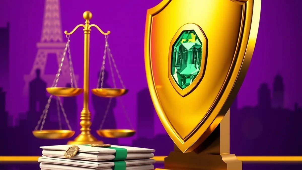 Bouclier doré, balance et documents scellés symbolisant la licence du casino