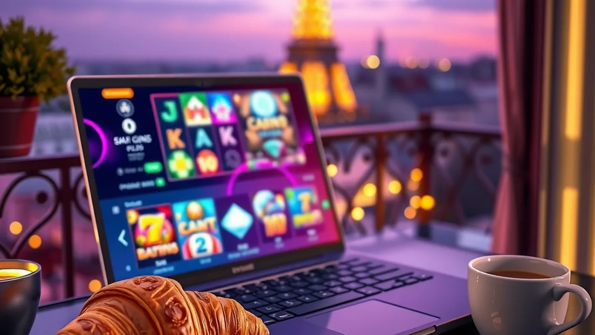 Ordinateur portable affichant un lobby de casino flou sur un balcon parisien