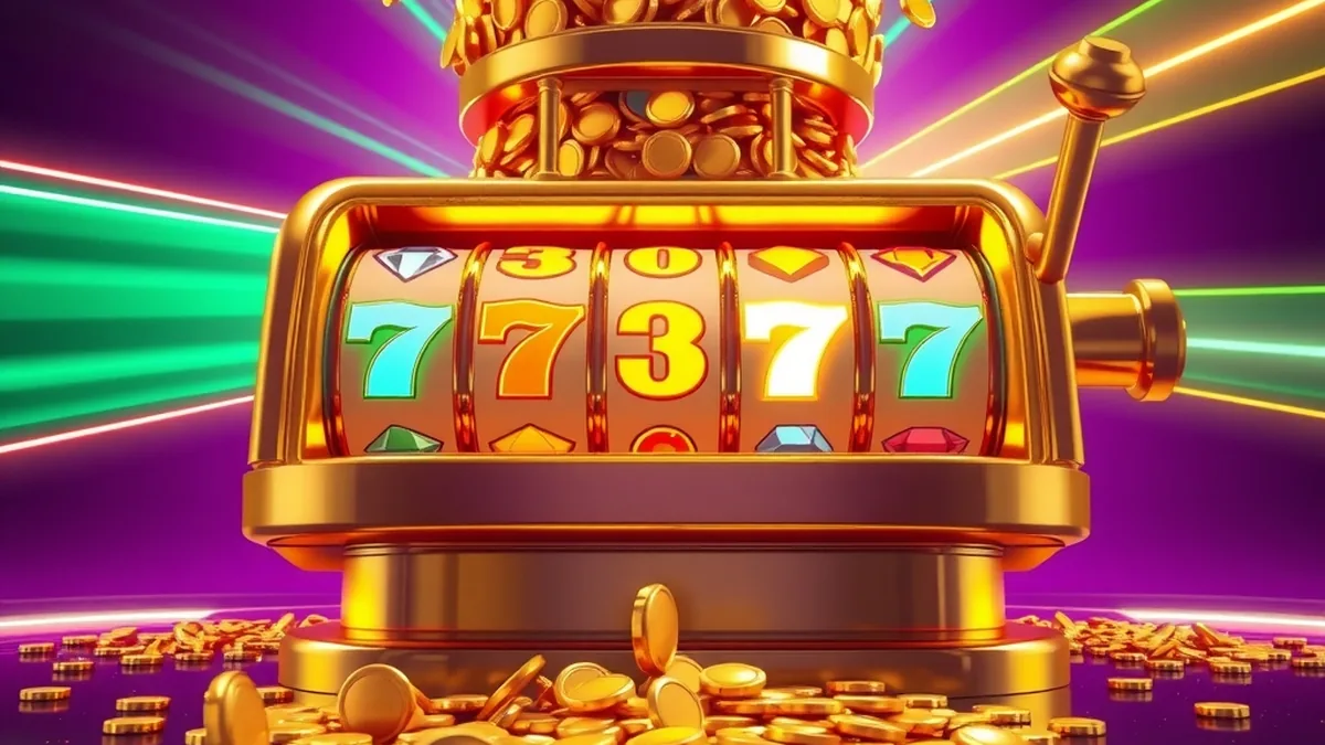 Machine à sous dorée déversant une cascade de pièces lors d'un jackpot