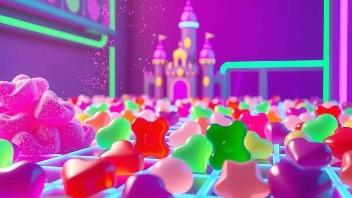 Grappes de bonbons gélifiés sur une grille lumineuse, univers Sugar Rush